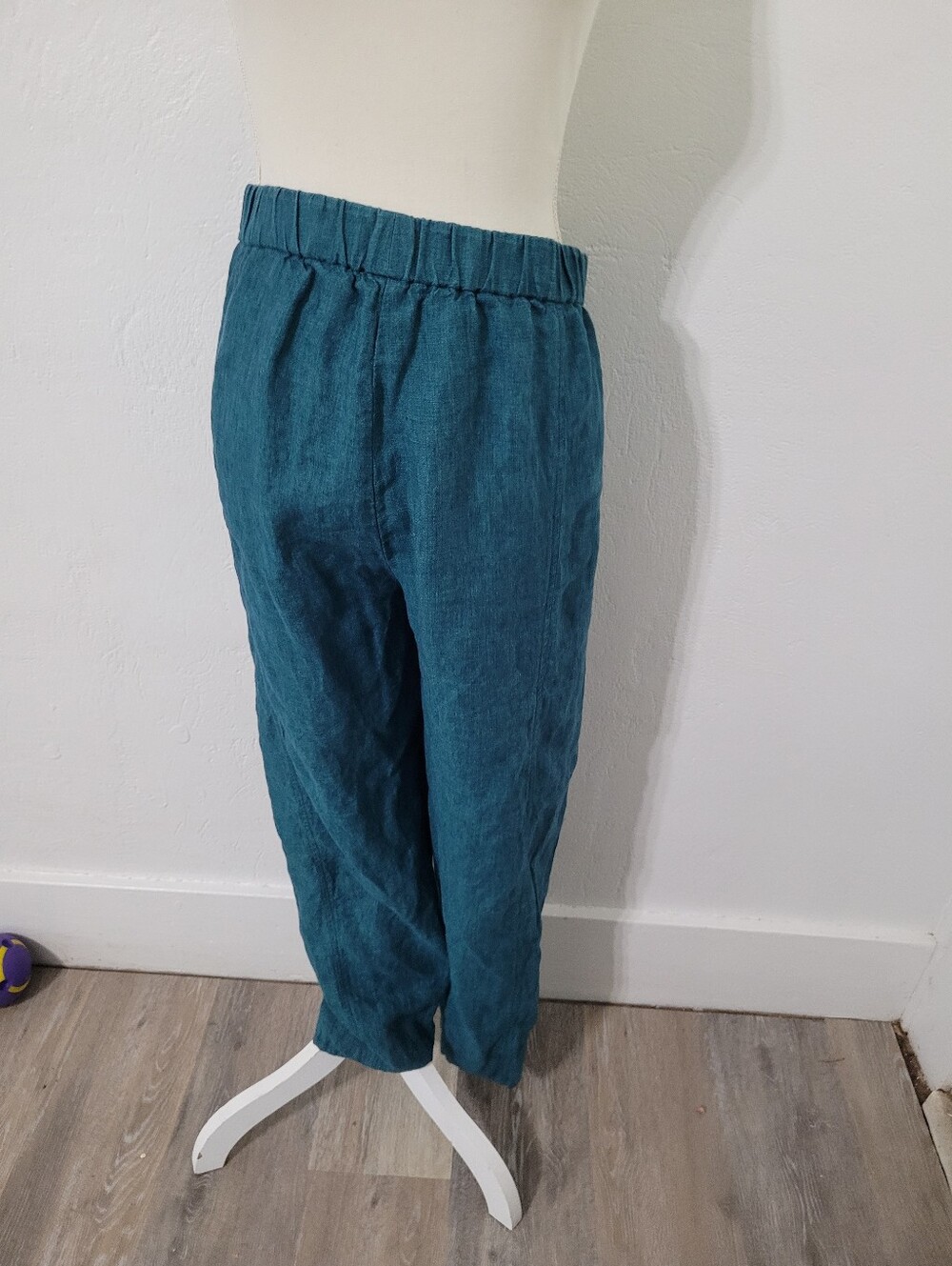 Eileen Fisher Teal Organic Linen Wide Leg Pants Elastic Waist Size Large